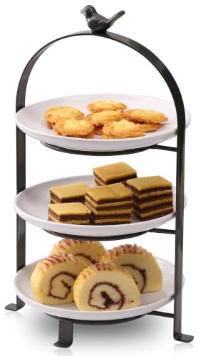 SparkWorks 3 Tiered Cake Stand, Tea Party Serving Platter, Dessert and Cupcake Stand, Metal Tiered Serving Stand Includes Three Premium White Stoneware Plates - size: 8.5 inch