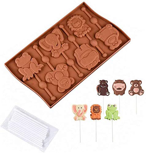 Animals Lollipop Mold with 20Pcs Sticks - MoldFun Frog Elephant Lion Hippo Monkey Bear Silicone Chocolate Candy Gummy Mold