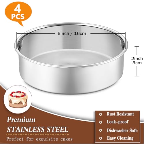 P&P CHEF 6 Inch Cake Pan, Stainless Steel Round Cake Pans, Silver & 4 Pcs - color: Silver, size: 6 Inch