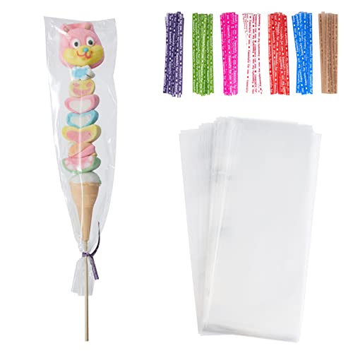 Tendwarm 100 Pcs 3x11 Inch Clear Long Cello Cellophane Treat Bags with 7 Mix Colors Twist Ties Perfect for Birthday Favor Candles Pretzel Icy Candy Popsicle - color: clear