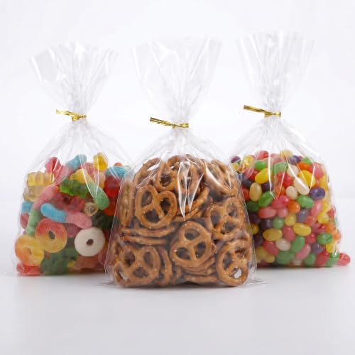EIHPDEI 250Pcs Clear Gift Bags 12"x16" with 250Pcs Gold Twist Ties