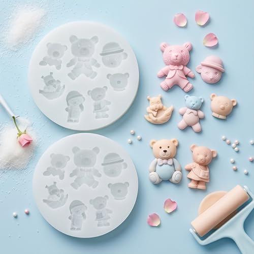 2 Pcs Bear Silicone Fondant Mold Mini 3D Teddy Bear Candy Cake Chocolate Silicone Molds for Decoration, DIY Desserts, Cupcake,Clay, Gum Paste