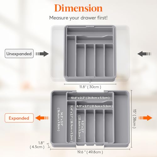 Lifewit Expandable Silverware Drawer Organizer, Kitchen Utensil Tray - color: Gray, size: Large Deep（11.8-19.6'W x 15''D）