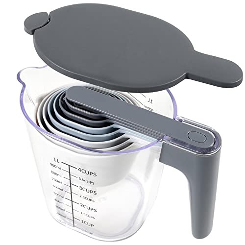 Stackable 10-Piece Measuring Cups and Spoons Set with Lids - color: 10 Piece - Grey and Blue
