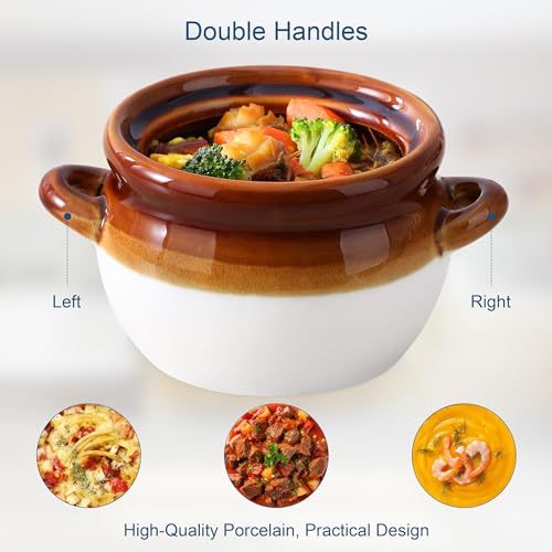 LOVECASA 22 OZ French Onion Soup Bowls with Lid, Porcelain Soup Crocks with Handles,Oven Safe Serving Bowls for Soup, Beef Stew, Cereal, Pot Pies, lasagna,Chilli,Set of 4