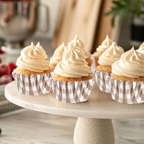 Whaline 300 Pcs Brown Plaid Cupcake Liner Khaki Plaid Paper Baking Cups Gingham Checkered Muffin Liner Cake Storage Container for Fall Baby Bridal Shower Wedding Birthday Party Supplies - color: Brown
