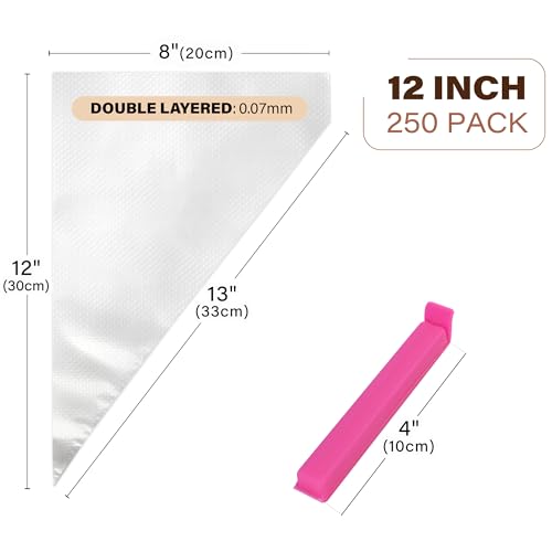 LotFancy 250pcs 12 Inch Piping Bags, Disposable Pastry Bags with 5 Clips - size: 12 Inch (Pack of 250)