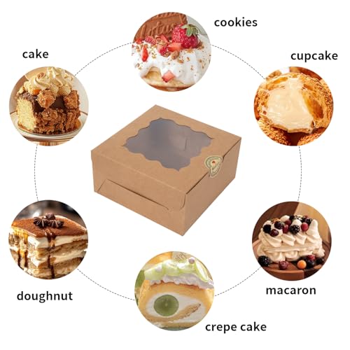 100 pcs 6x6x3 Inches Small Cake Box with Window, Bakery Pastry Cookie Boxes, Mini Pie container for Pastry,Dessert,Strawberries,Chocolates, Cupcakes with paper stickers (Brown) - color: brown/100pcs