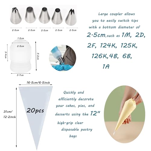 1M 2D 1A 4B D66 Piping Tips Set with 20 Bags & Large Coupler for Decorating