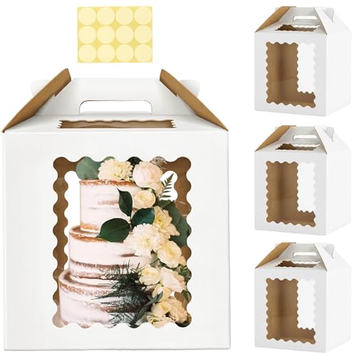 3 Pack 12x12x12 Inch Tall Cake Boxes with windows,10in 12in Large Tiered Cake Box, Disposable Tall Cake Carrier, Layer Tall Baking Carrier with Handle for Wedding, Birthday