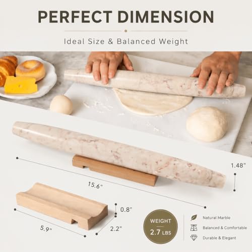 Natural Marble Rolling Pin for Baking, 15.6” Non-Stick Stone Dough Roller - color: 15.6"x1.48"-Rosa Crema