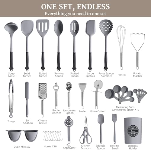 Kikcoin 43 PCS Silicone Kitchen Utensils Set, Cooking Utensils Set, Gray - color: Gray