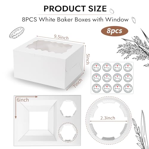 JCD 8 Packs Bento Cake and Cupcake Box 3 Holes Fit 2 Cupcakes and 1 Mini Cake Box with Clear Window and Stickers for Wedding Birthday Party Bakery Baking Supplies (1+2/8pcs) - size: White 1+2/8Pcs