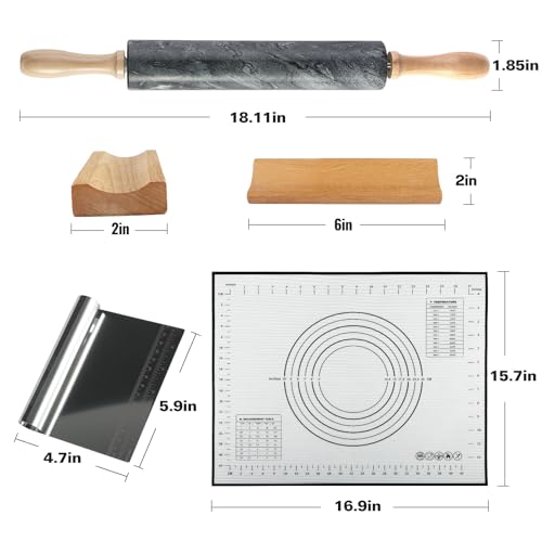 African Natural Marble Rolling Pin, Non-Stick Polished Dough Roller, Pasta, Dumpling, Fondant, Pie Crust, Bread, Pizza Dough, Kitchen Baking Pastry Tools with Mat/Scraper(Monte Grigio) - color: Grey Marble with Pastry Mat