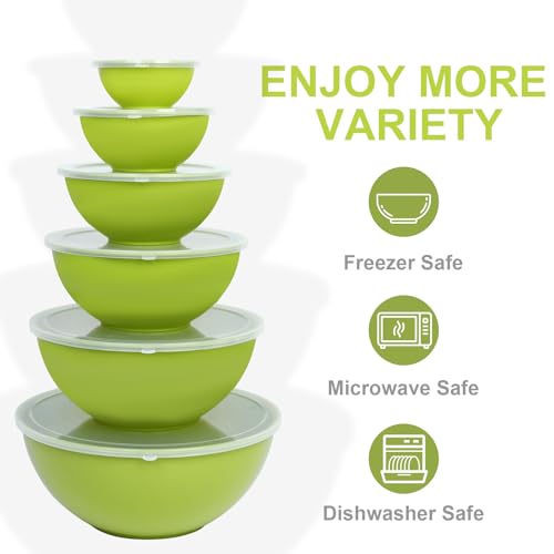 BoxedHome BPA Free Plastic Round Mixing Bowl with Lids, 12 Pack Nesting Bowls with Lids Set, Microwave and Dishwasher Safe Prep & Serving Bowls Great for Mixing, Baking, Serving (Light Green, 12pcs) - color: Light Green