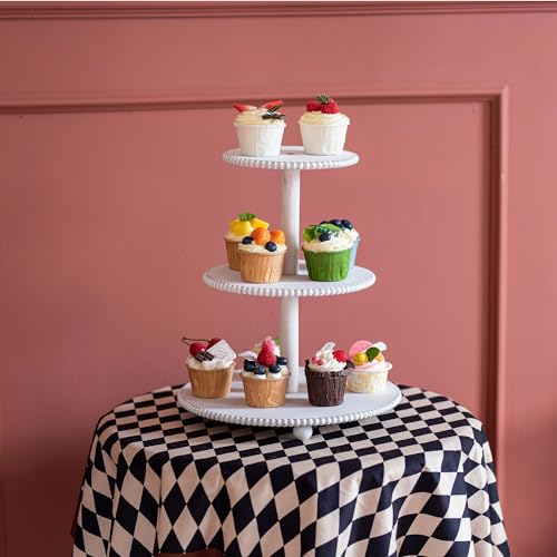 GENMOUS 2PCS 3 Tier and 4 Tier Beaded Cupcake Stand Set for Birthday Party Decor,Rustic Wooden Cupcake Tower Stands for 74 Cupcakes,White Cupcake Tiered Stand Display for Wedding Baby Shower Tea Party