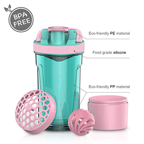 Artoid Mode Fitness Workout Sports Protein Shaker Bottle 24-Ounce, Dual Mixing Technology with Shaker Balls & Mixing Grids Included, Twist and Lock Protein Box Storage Included - color: Cream Pink/Aqua Green