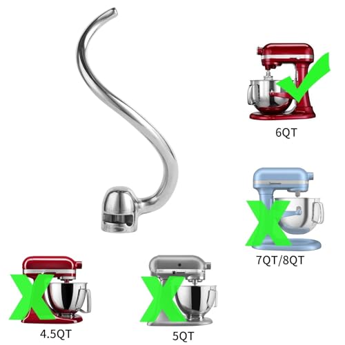 Stainless Steel Spiral Dough Hook for KitchenAid 5 Plus-6QT Mixer - size: Dough Hook