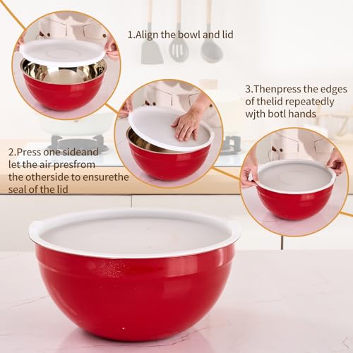 Red Mixing Bowls with Airtight Lids, Stainless Steel Nesting Mixing Bowls Set of 7, Ideal for Baking, Prepping and Serving Food, Size 7, 3.6, 2.7, 2.1, 1.5, 1.1,0.8 QT, Stackable Design - color: Red, size: 7 Pieces
