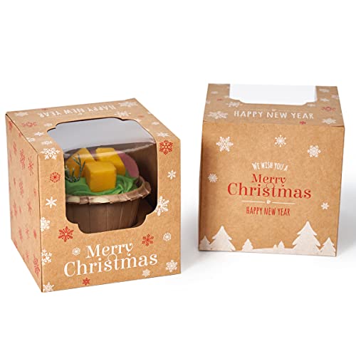 Happyhiram 100 Pack Kraft Brown Single Christmas Cupcake Boxes with Inserts - color: Holiday Brown, size: 100-Count