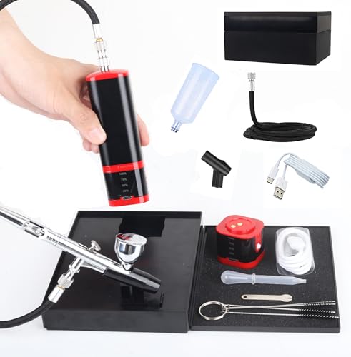 Portable Upgraded Dual-Action extra battery Airbrush kit with compressor-replaceable battery Cordless Air Brush Set for Leather furniture repair,Nail Art,Painting,Cake,Model,Tattoo,T-shirt - color: Red+black