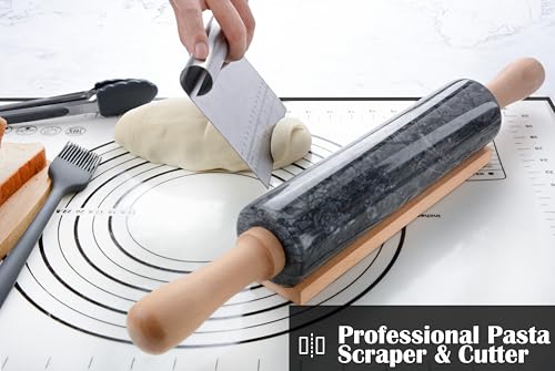 Marble Rolling Pin Set with Silicone Pastry Mat,Pastry Brush,Cooking Tongs,Stainless Steel Scraper18.5 inch Polished Non-Stick Roller for Pizza Dough,Fondant,Pie Crust(Gray Black) - color: Black Set