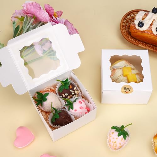 Moretoes 50pcs Small Cookie Boxes with Window, 4x4x2.5In White Bakery Boxes - color: White