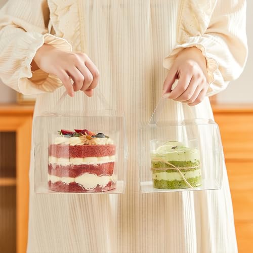 30pcs Transparent Bakery Boxes With Ribbon,Knives and Forks, Clear Cake Box, Plastic Cake Carrier with Lid and Handle Transparent Gift Favor Box Cupcake Treat Boxes for Party (Clear, 6*6*5 in-30pcs) - size: 6*6*5 in-30pcs