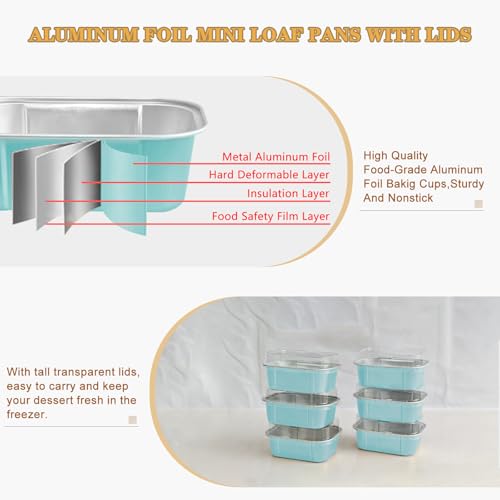 Mini Loaf Pans With Lids And Spoons 50 Pack,5.5 Oz Rectangle Mini Individual Cake Tins Disposable Small Aluminum Foil Baking Pans(50, Wathet) - color: Wathet
