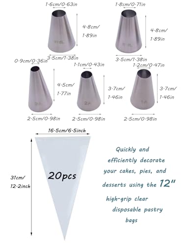 Large Round Piping Tips Set 1A, 2A, 3A, R16L, R18L with Bags