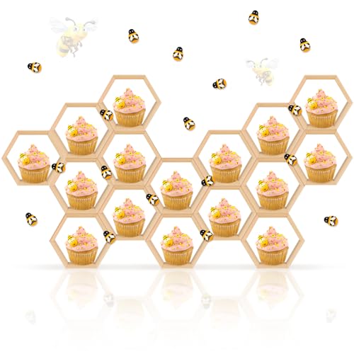 Fairysandy 12 Pcs Mini Honeycomb Cupcake Stand 50 Tiny Wooden Bee, Wood - color: Wood Color