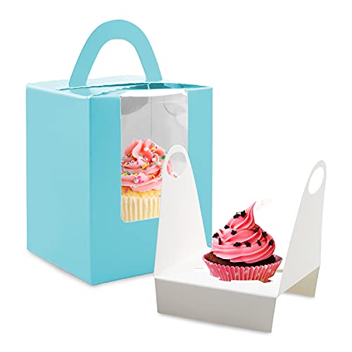 Cupcake Boxes, 30 Pcs Single Cupcake Boxes Individual Cupcake Containers Muffins Cupcake Carriers Holder Kraft Pastry Containers with Insert Window & Handle for Wedding Birthday Parties (Blue) - color: Blue