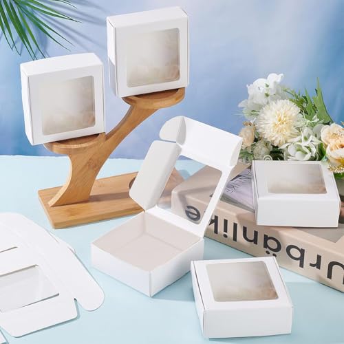 BENECREAT 20Pcs Cardstock Boxes with Clear Window, 3.7x3.7x1.4inch, White - color: White, size: 3.6x3.6x1.4 Inch (Pack of 20)