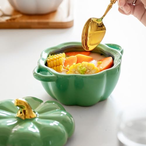 Pumpkin Bowl Set with Lid and Handle, Set of 2 Ceramic Ramekins for Baking, Casserole Dish Individual Severing Pot, Stoneware, Oven Safe, 14 Oz (Green) - color: Green