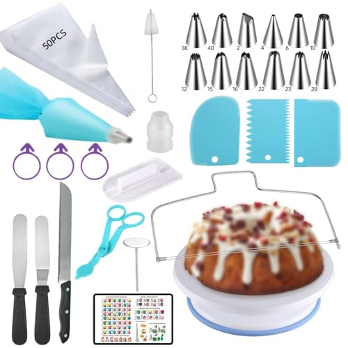 79PCS Cake Decorating Kit with Revolving Cake stand Turntable for Beginner - size: 79PCS Cake Decor Kit