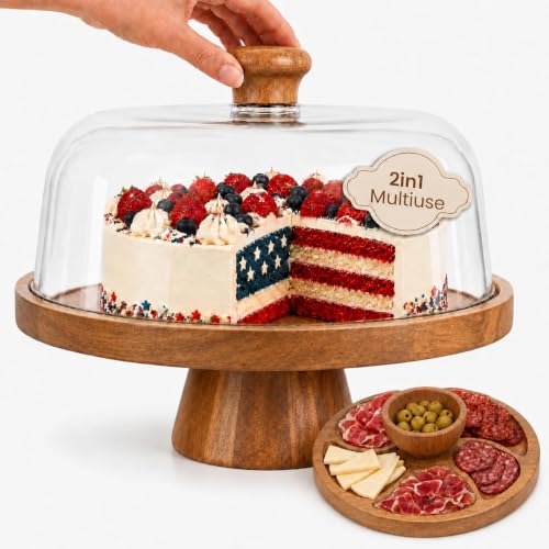 Acacia Wood Cake Stand with Lid Anti-Mold 12 Inch - 2-in-1 Wooden Charcuterie Board - Covered Dessert Plate with Acrylic Dome - Vintage Pastry Display -Tall Domed Serving Stand Platter - Brown - color: F - Brown