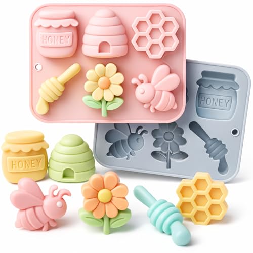 2Pack Bee Silicone Molds Bumble Bee Chocolate Candy Molds 6 Cavity Bee Silicone Soap Molds Honey Beehive flower Silicone Molds for Cake Chocolate Candy Desserts Pudding Ice Cube Soap Lotion (6 Cavity) - color: 6 Cavity