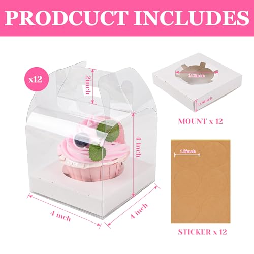 12 Pack Clear Plastic Individual Cupcake Containers with Handles