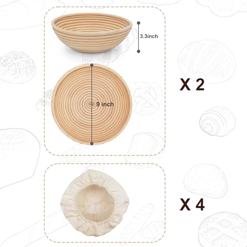 Banneton Bread Proofing Basket set of 2, 9 Inch Round Sourdough Proofing Baskets with Liner,Dough Proofing Bowls,Made of Natural rattan,for Sourdough Bread Baking Supplies - size: 2 set 9 inch Round