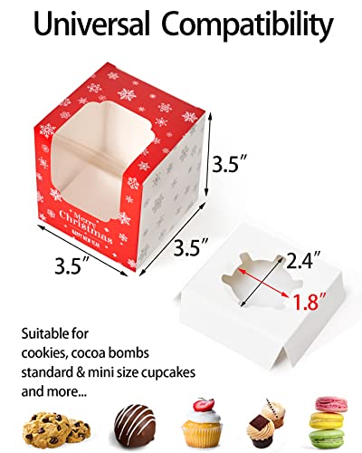 Happyhiram 50 Pack Christmas Red Cupcake Boxes with Inserts and Window - color: Holiday Christmas Red, size: 50-Count