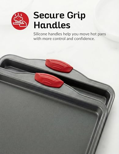 Premium Nonstick Baking Sheet Pans – Set of 3, Heavy-Gauge Carbon Steel, Warp, Dent, and Rust-Resistant – Gourmet Rimmed Half Cookie Sheet Trays, Non-Toxic for Exceptional Baking Performance - color: Red & Grey