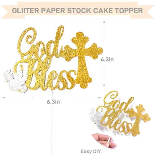 God Bless Banner Cross and Dove Glitter Dots Garland with Cake Topper Honeycomb Balls Set for God Bless Christening Baptism Party Decorations Boys Girls Holy First Communion Décor