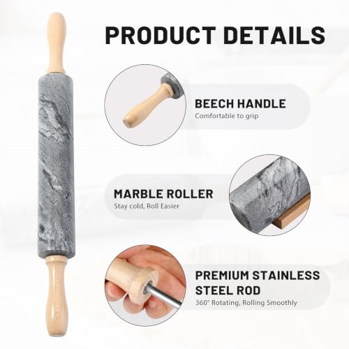 Marble Rolling Pin, Non-Stick Polished Dough Roller, Pasta, Dumpling, Ravioli, Fondant,Pie Crust, Kitchen Baking Pastry Tools Grey Marble - color: Gray Marble