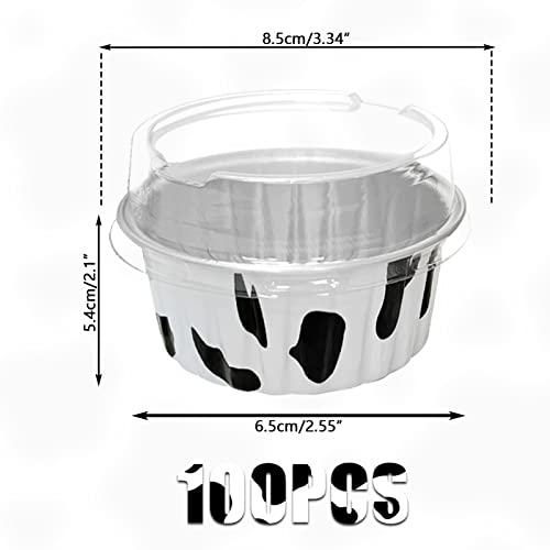 100Pcs Aluminum Cups with Lids,5oz Disposable Ramekin Baking Cups Muffin Liners Mini Pie Pans Foil Cupcake Containers for Christmas Party Wedding Party,Cow Print - color: Cowprint
