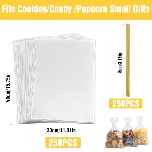 EIHPDEI 250Pcs Clear Gift Bags 12"x16" with 250Pcs Gold Twist Ties