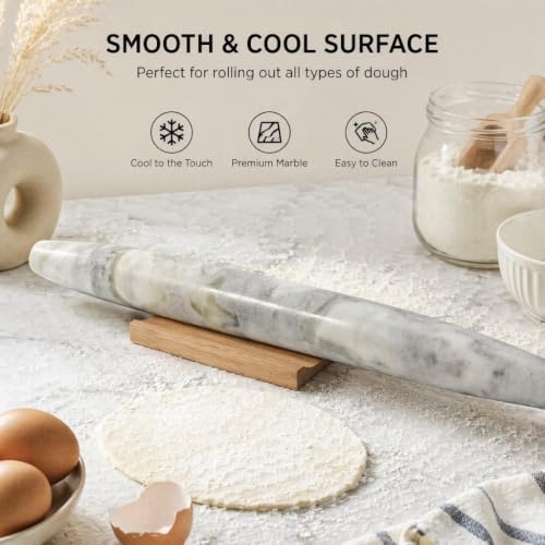 Natural Marble Rolling Pin for Baking, 15.6“ Non-Stick Stone Dough Roller - color: 15.6"x1.48"-Bianco Palomino