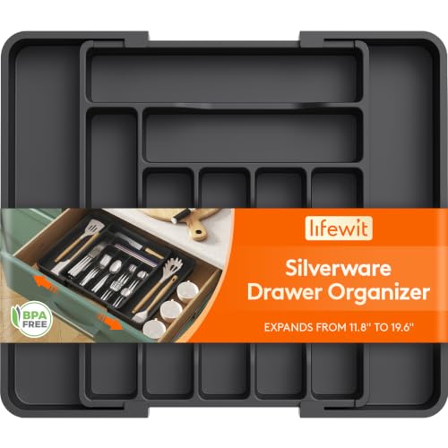 Lifewit Expandable Silverware Drawer Organizer, Kitchen Utensil Tray - color: Black, size: Large Deep（11.8-19.6'W x 15''D）