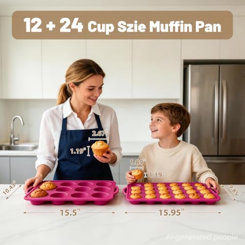 Silicone Mini Muffin Tin Set: 12 & 24 Small Cupcake Baking Tin with Frame - color: Rose Pink, size: Regular & Mini: 12 Cup & 24 Cup