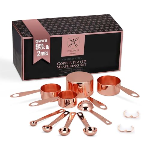 Copper Measuring Cups and Spoons Set - 9-Piece Food-Grade Stainless Steel Measuring Set with 2 Storage Rings for Heavy Duty Cooking & Baking, Rose Gold