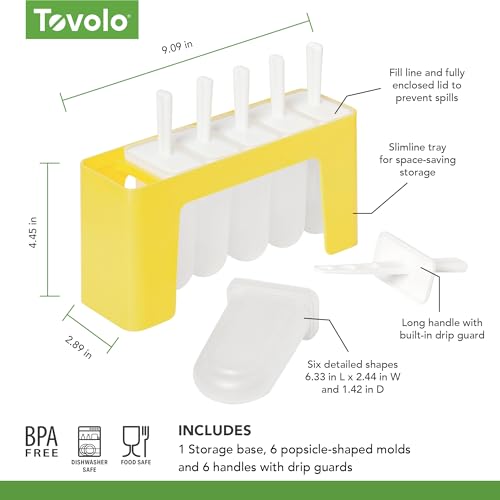 Tovolo Classic Reusable Popsicle Trays with Sticks Mold Set of 6 for Homemade Frozen Treats, Easy to Clean Reusable Popsicle Molds with Sticks and Drip Guard, Dishwasher Safe BPA Free Ice Pop Molds - color: Sun Ray